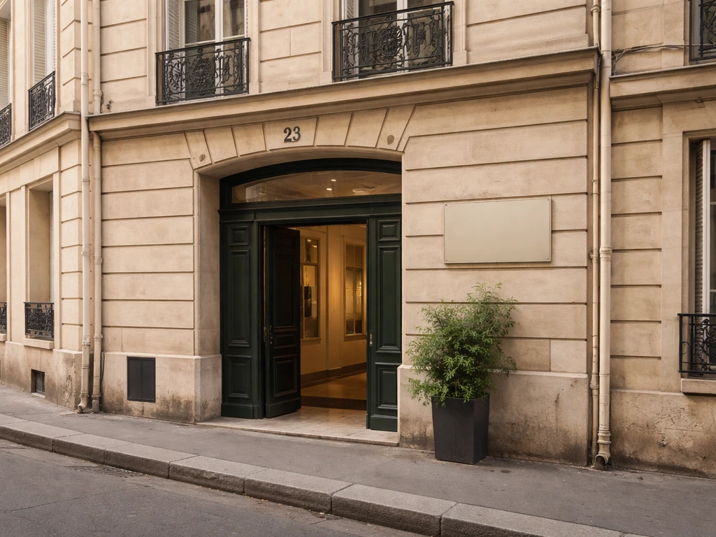 Façade et entrée d’un petit musée parisien du 1er arrondissement, ambiance de rue calme.