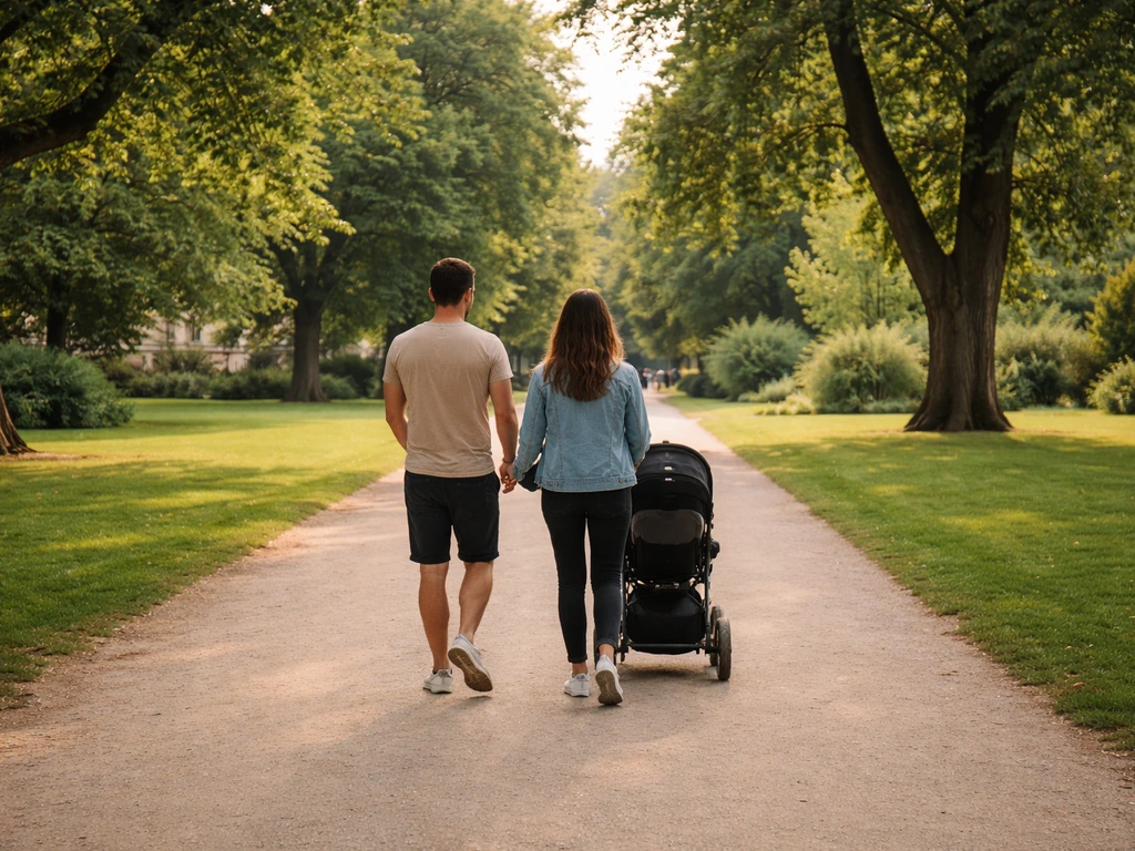 Famille en poussettes dans des allées larges du Jardin d’Acclimatation, promenade en extérieur au calme