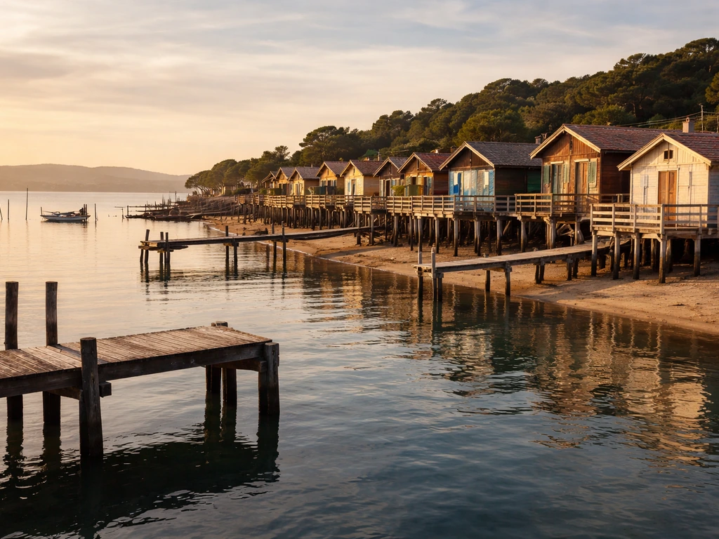 Pontons et cabanes du village de l’Herbe à Arcachon au bord du bassin, lumière douce sur les dunes