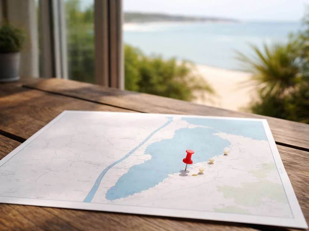 Carte papier avec épingles rouges indiquant le littoral d’Arcachon et le secteur du Cap Ferret, sans texte.