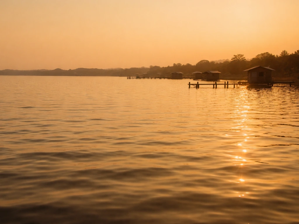 Lumière dorée de golden hour sur un bassin calme avec reflets chauds et silhouettes de pontons.