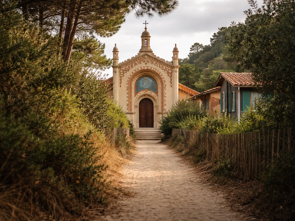 Vue au premier plan d’une route bordée de végétation menant vers la chapelle Sainte‑Marie‑du‑Cap au village de l’Herbe.