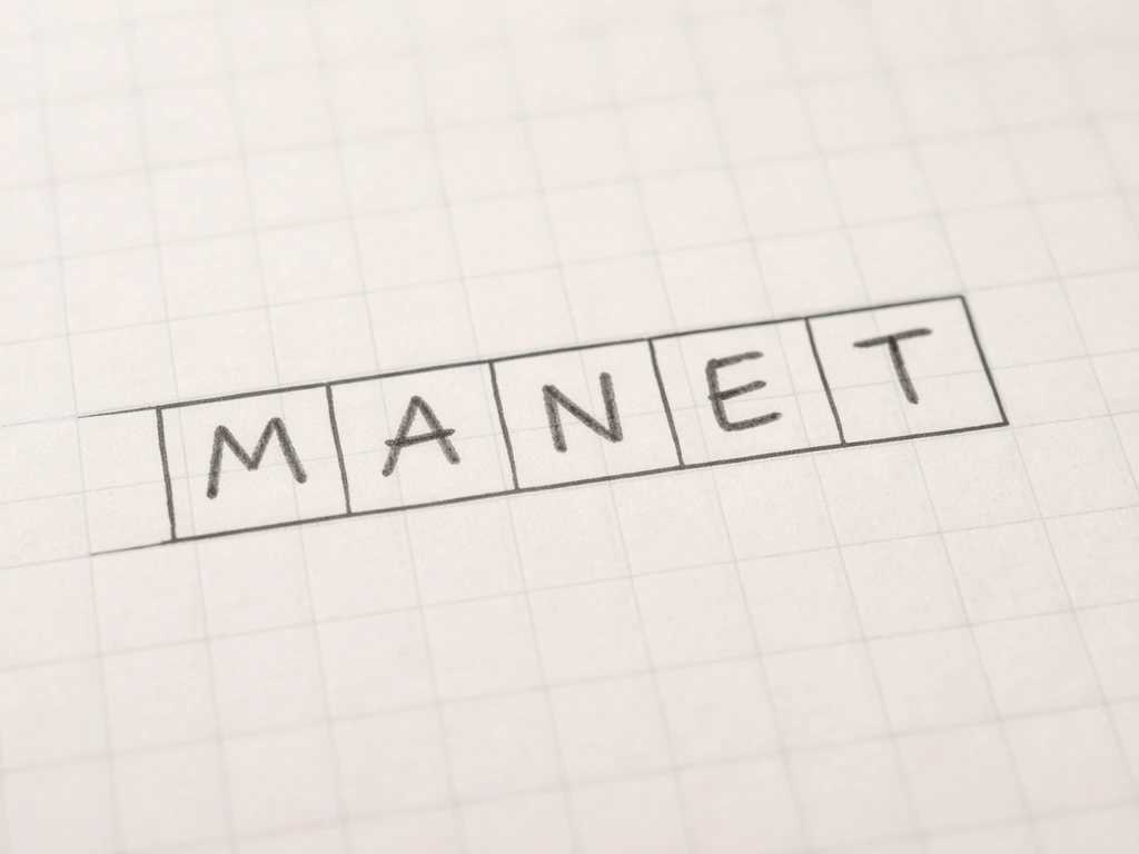 Grille de mots croisés avec cinq cases remplies, lettres nettes « MANET », ambiance française.