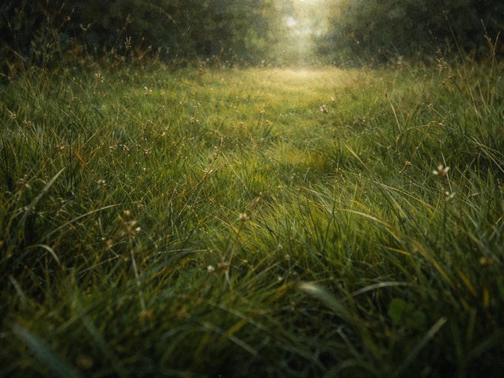 Gros plan sur une pelouse peinte avec une perspective profonde, montrant l’herbe au cœur de la composition.