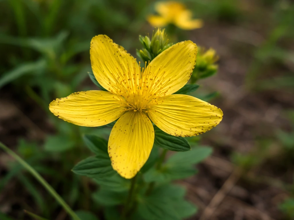 Gros plan de fleurs de millepertuis jaune vif aux cinq pétales et aux points noirs caractéristiques.
