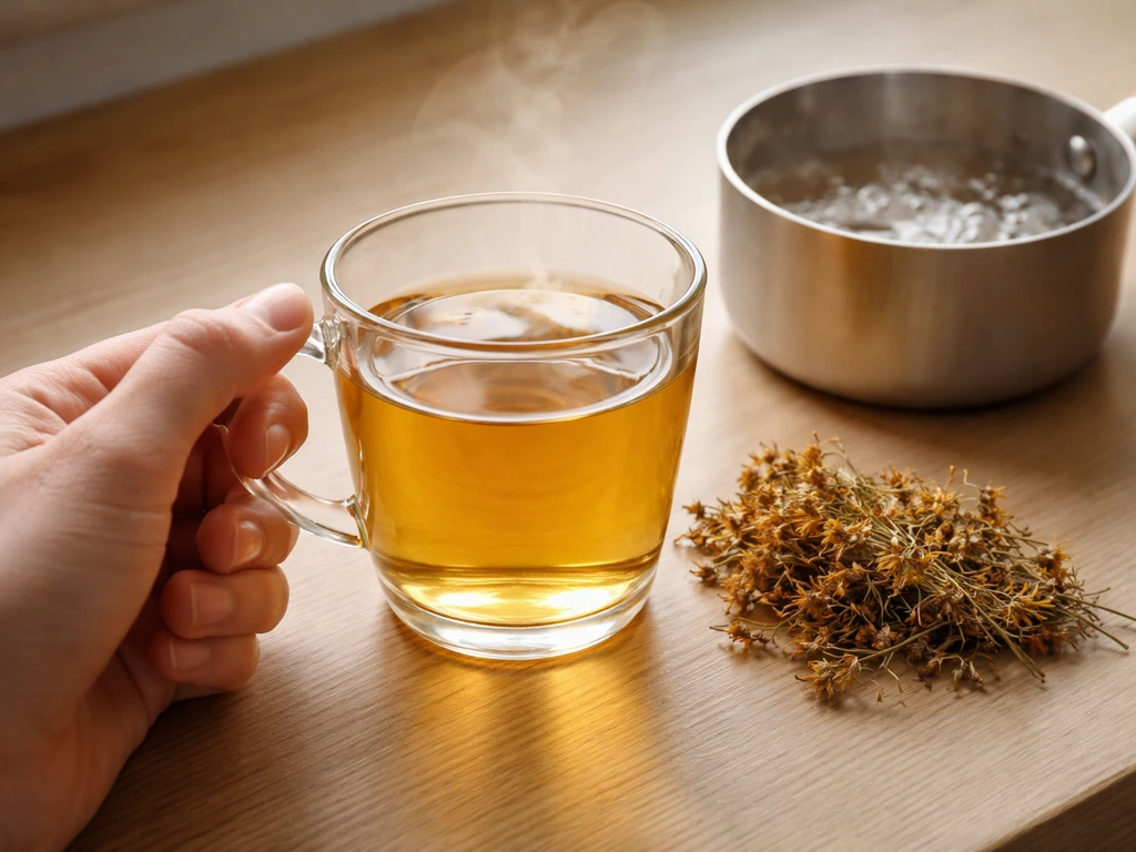 Tasse avec infusion ambrée de millepertuis, sommités séchées à côté, pichet d’eau frémissante sur un plan de travail.
