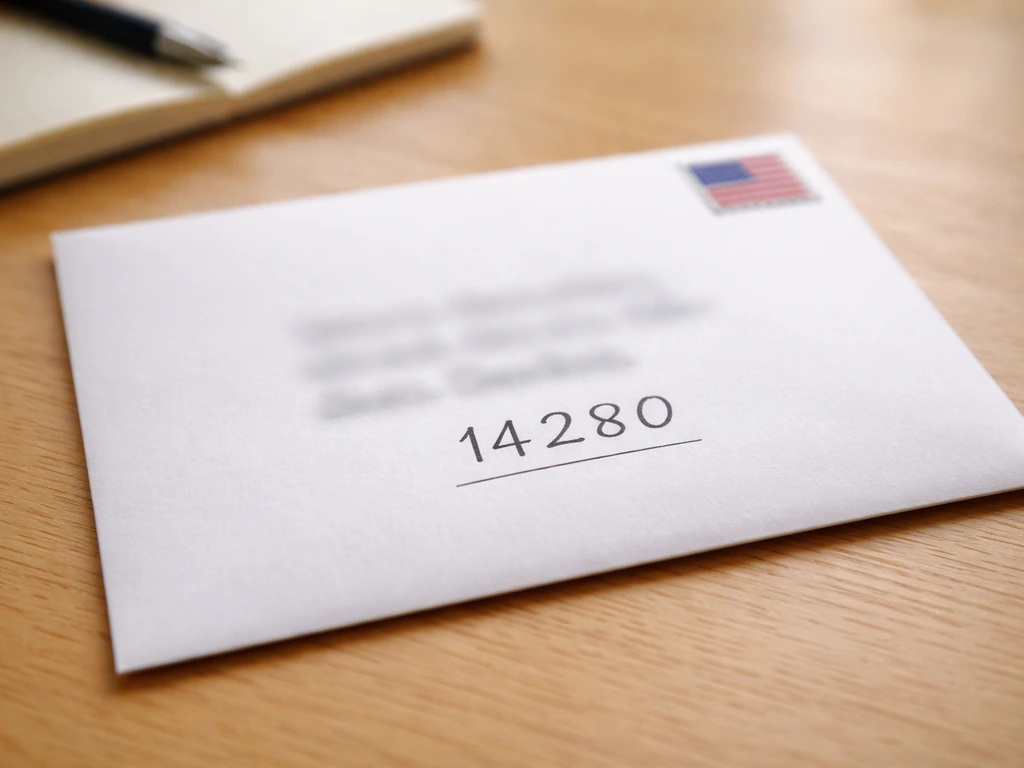 Enveloppe avec adresse postale bien formatée, code postal 14280 bien visible, sur table en bois claire.
