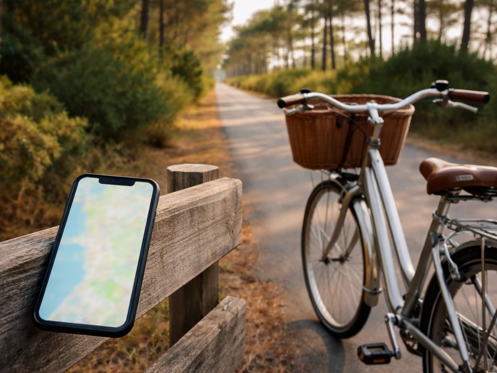 Un vélo et un smartphone flouté près d’une voie verte, donnant l’idée du trajet Cap Ferret vers L’Herbe.