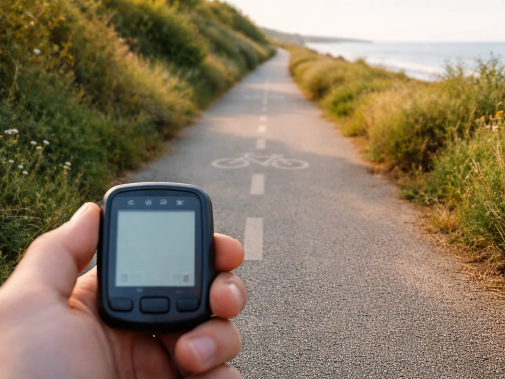Marquage au sol et compteur de vélo sur une piste côtière, ambiance trajet 3 à 4 km / 15 à 25 min.