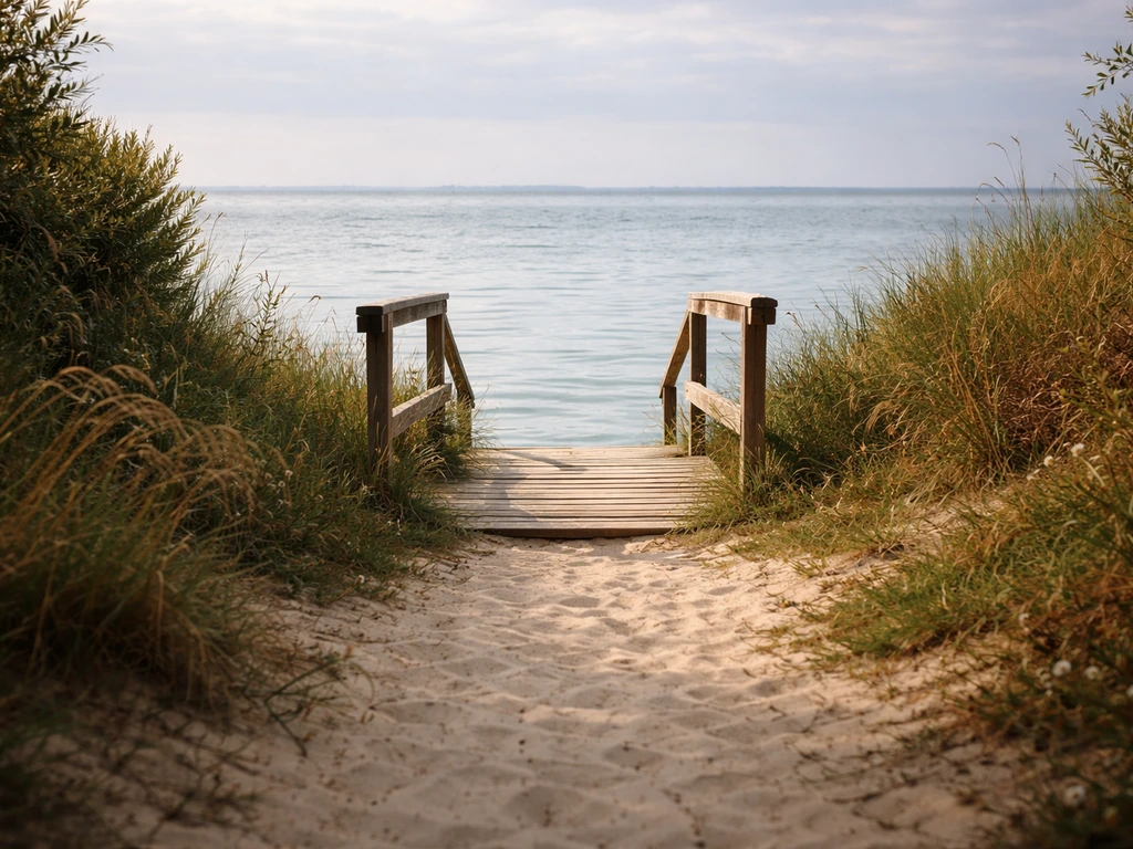 Vue au bord du Bassin d’Arcachon depuis un chemin, vers l’eau, avec une petite halte photo.