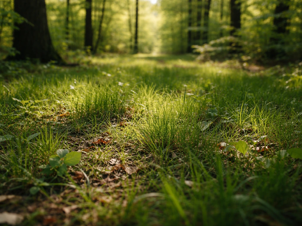 Sol de sous-bois avec herbe texturée, lumière filtrée entre les arbres, feuillage flou en arrière-plan.