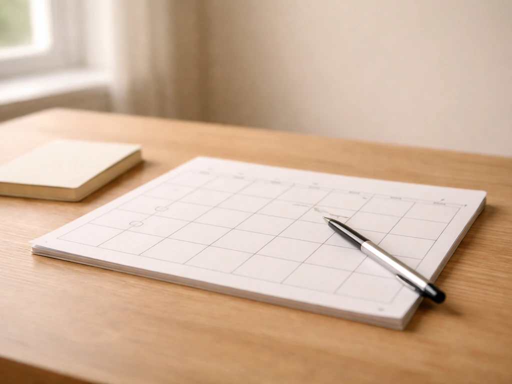 Bureau minimal avec un calendrier ouvert et un stylo, ambiance de préparation pour des candidatures 2026.