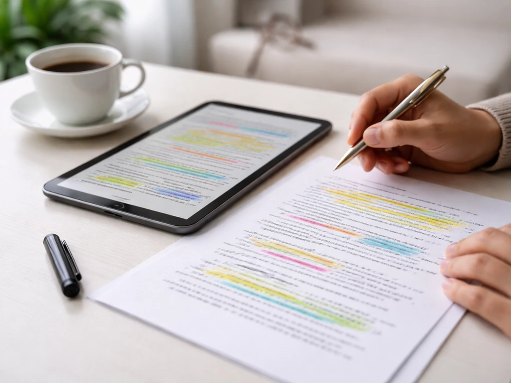 Mains anonymes sur une feuille de quiz juridique, surlignages visibles et tablette sur un bureau, lumière naturelle.