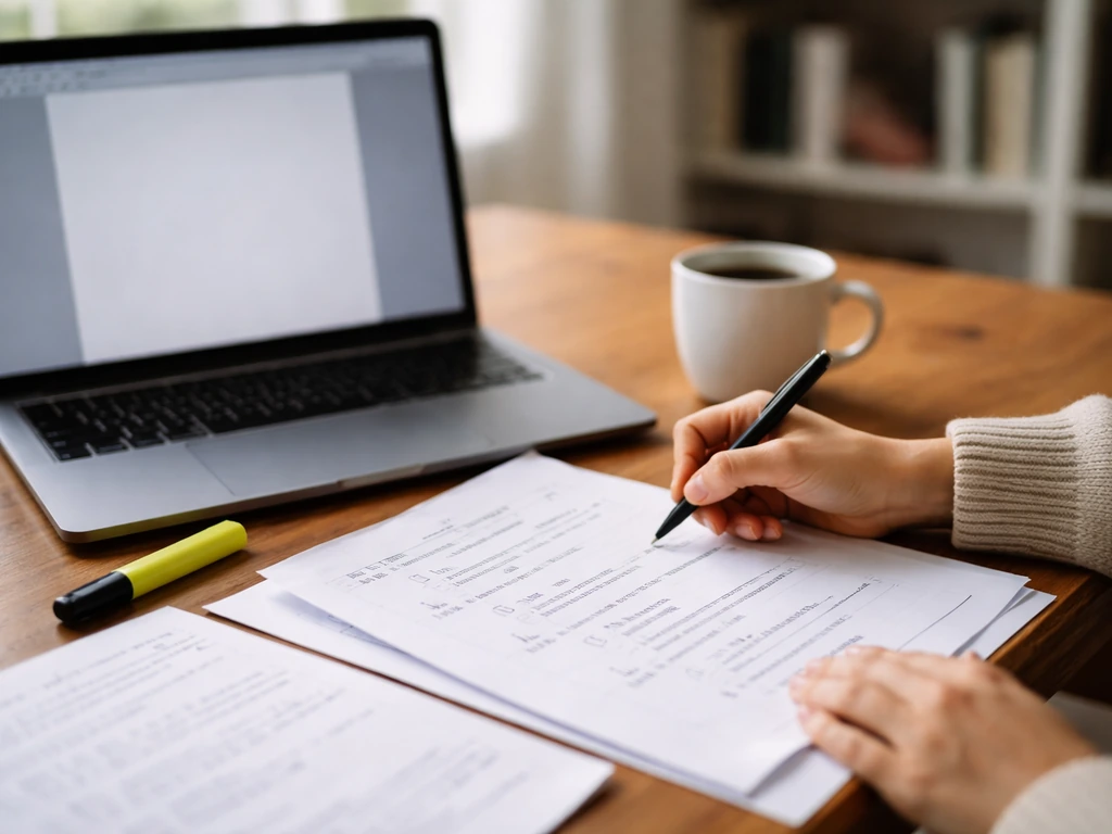Mains anonymes écrivant à une table: ordinateur et brouillon de plan juridique avec surligneur, lumière naturelle.