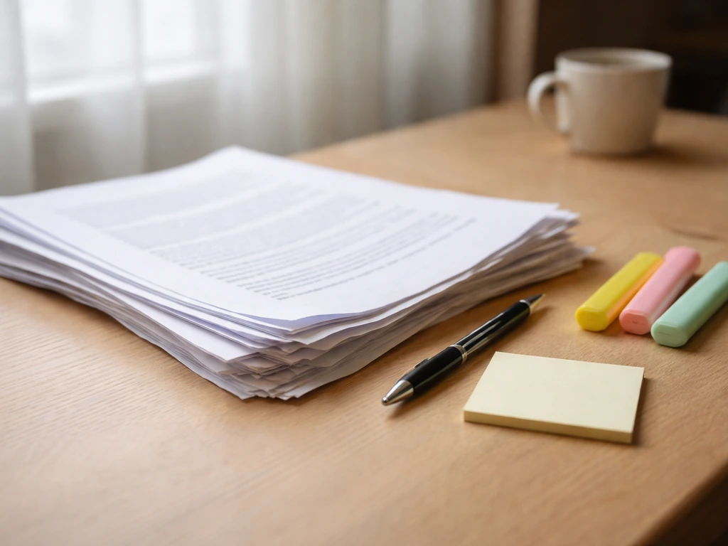 Bureau avec documents imprimés et feuillets dépassant, évoquant des pages en trop et une relecture avant envoi.