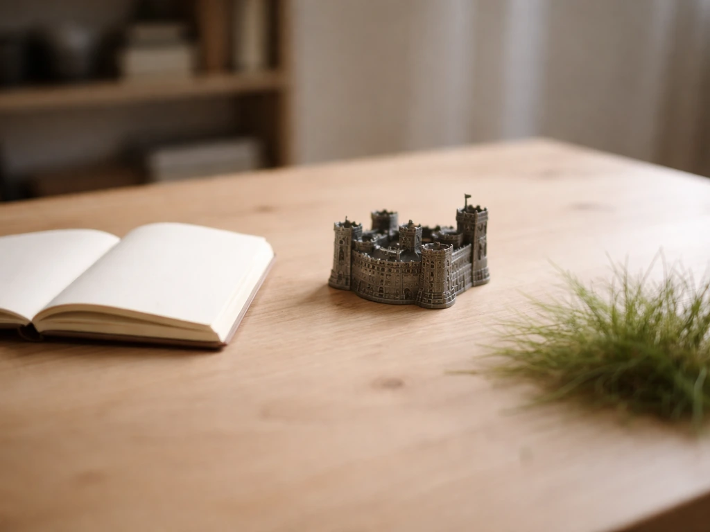 Petit atelier d’historien avec planche de bois, sur un banc une forteresse miniature et un brin d’herbe flou