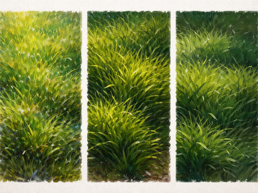 Trois textures d’herbe peintes côte à côte, comparant impressionnisme, XXe siècle et rendu synthétique.