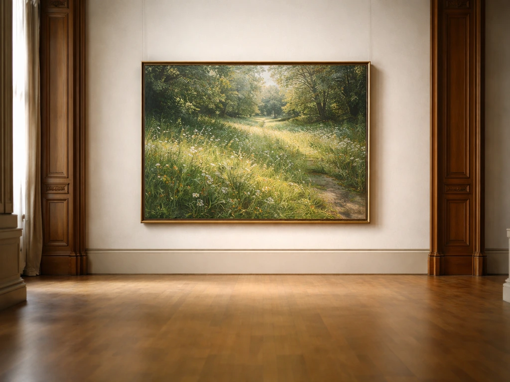 Intérieur du musée avec une peinture impressionniste où l’herbe domine le paysage, ambiance Orsay, Paris.