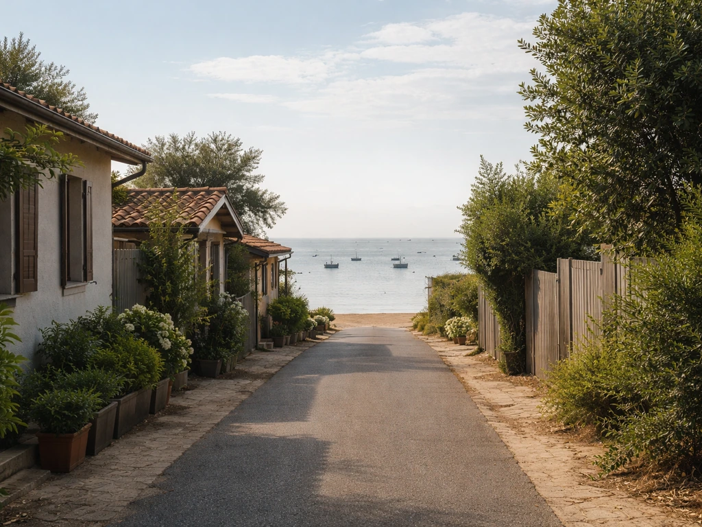 Vue de L’Herbe (Cap Ferret) avec une rue calme et le bassin au loin, sans personnes ni texte.
