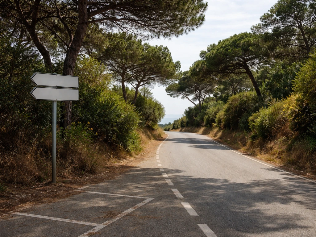 Route côtière vers L’Herbe avec panneau directionnel flou et aperçu du stationnement, ambiance lumineuse.
