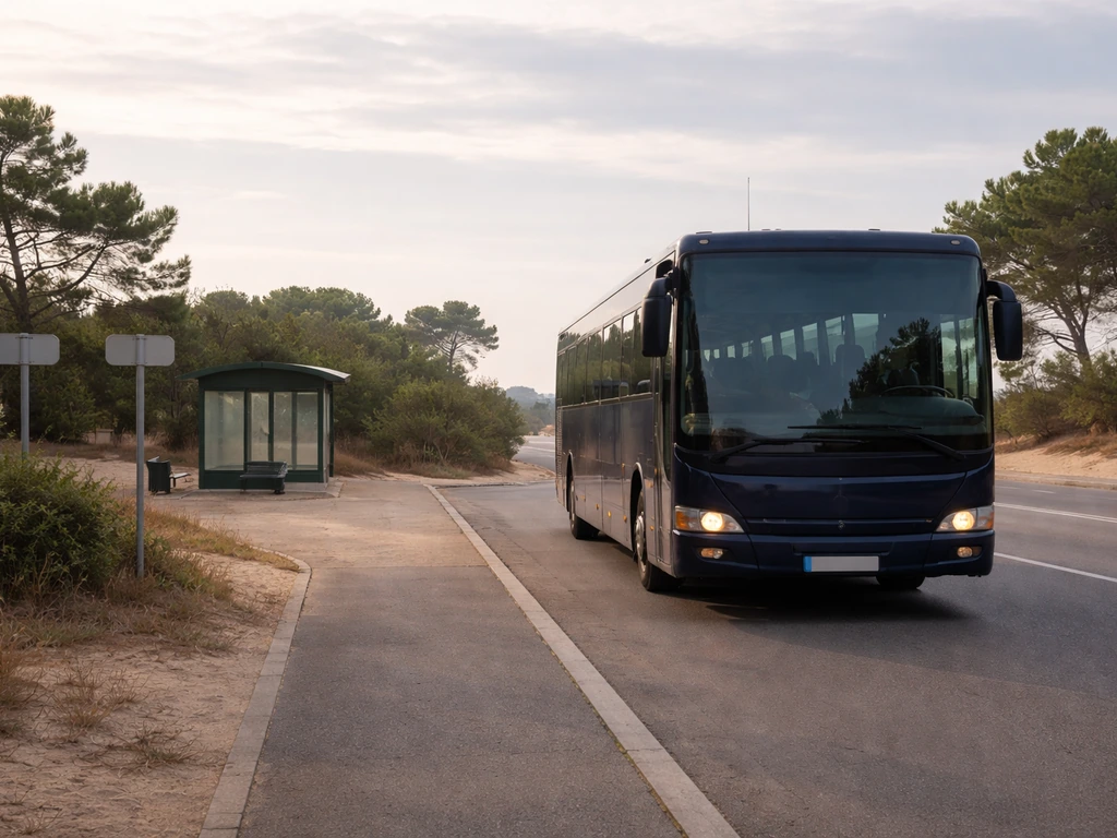 Un car régional à un arrêt sur route près du Cap Ferret, ambiance côtière et lumière naturelle.