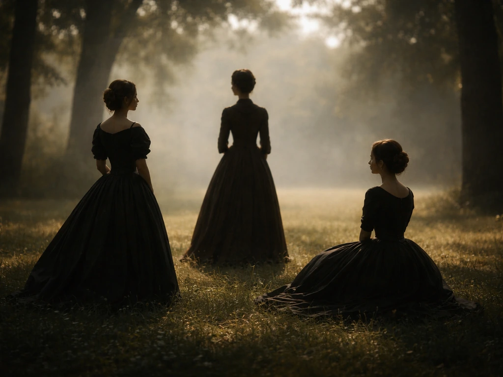 Trois silhouettes féminines sombrement vêtues sur une pelouse, ambiance clair-obscur évoquant Manet.