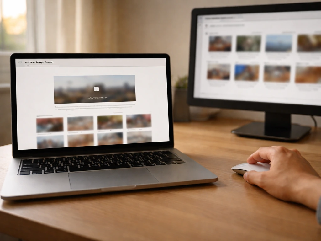 Mains anonymes sur un bureau, ordinateur portable pour recherche d’image inversée, écran flou d’étapes.