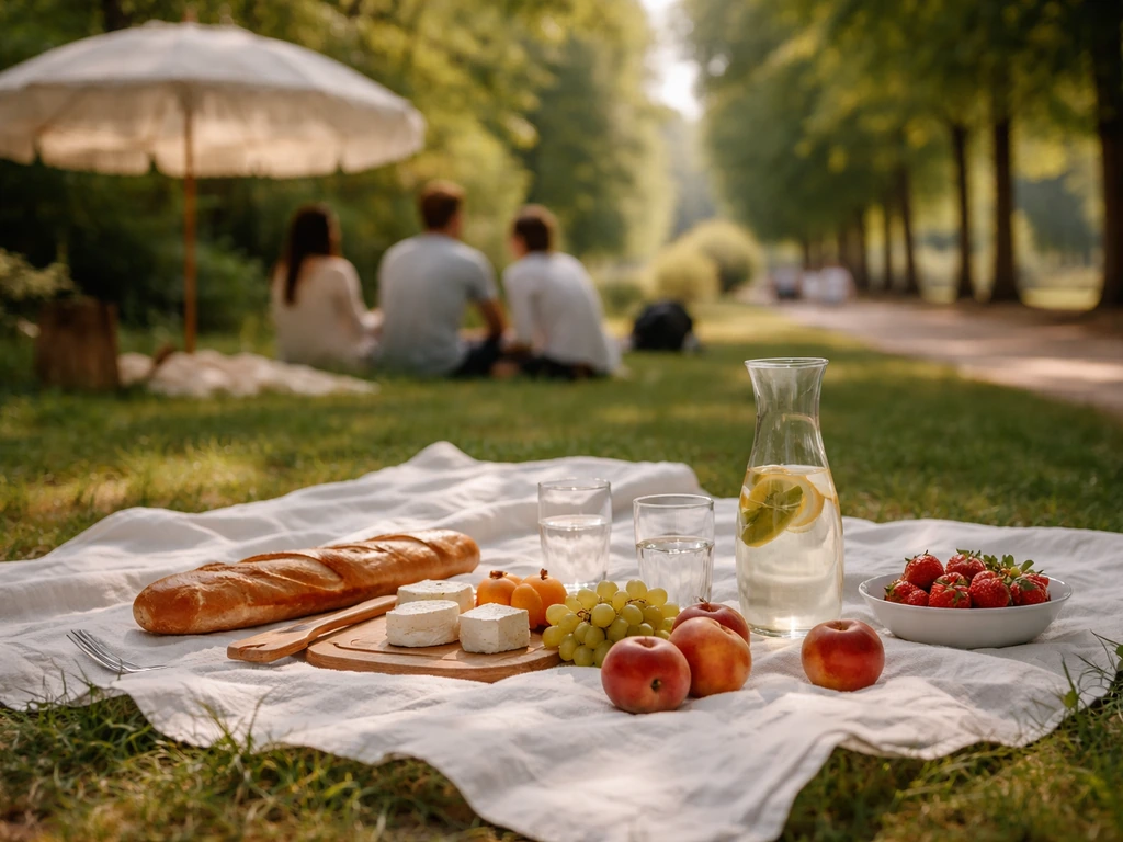 Pique-nique sur une pelouse au bord d’un jardin, ambiance évoquant l’époque impressionniste