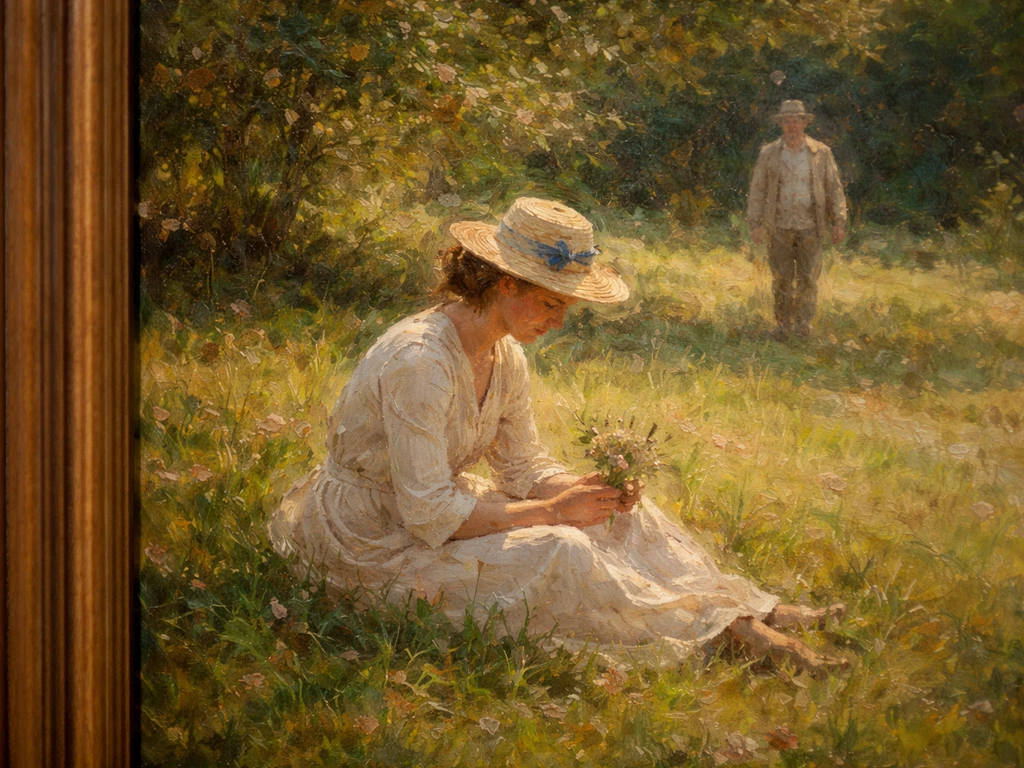 Détail d’une toile au style manetiste en plein air, centrée sur la figure assise dans l’herbe.
