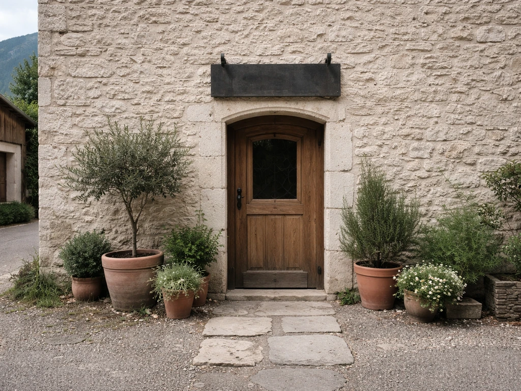 Entrée discrète en pierre à Saint-Pierre-d’Entremont, avec porte en bois et plantes en pots.