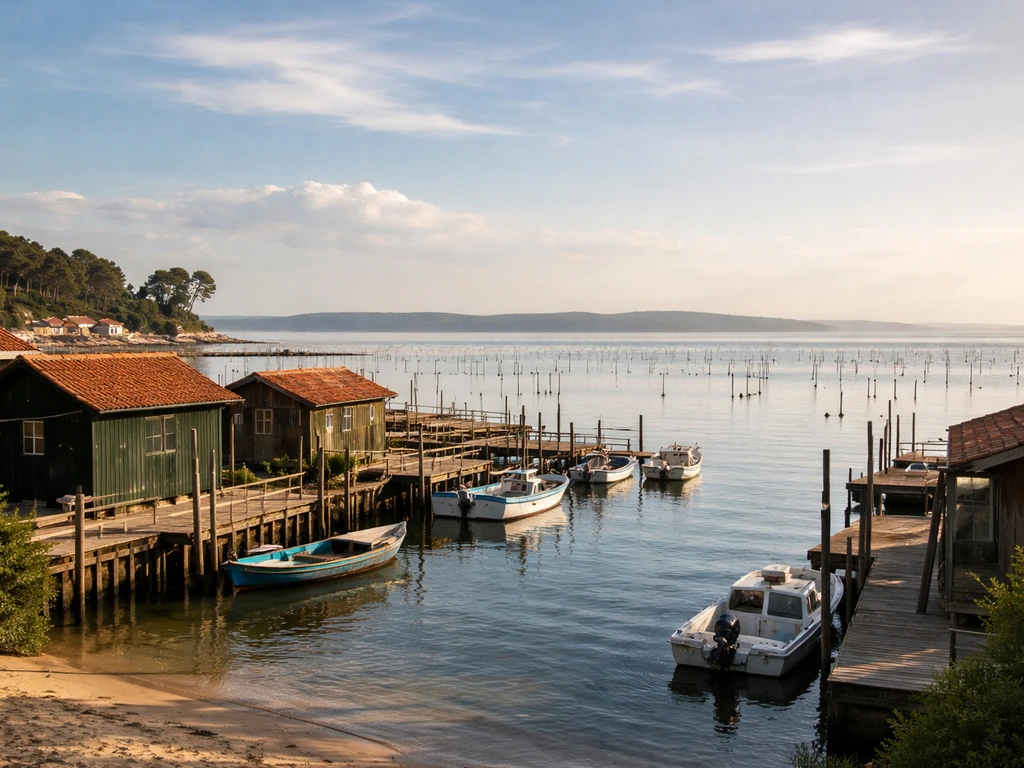 Vue côtière de L’Herbe au Cap Ferret, cabanes du port et horizon du bassin d’Arcachon
