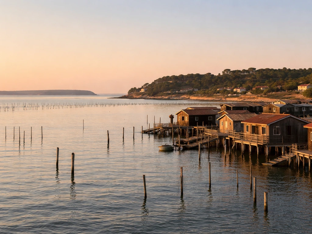 Cabanes ostréicoles au bord du bassin d’Arcachon, avec vue vers le nord et le sud à Cap Ferret