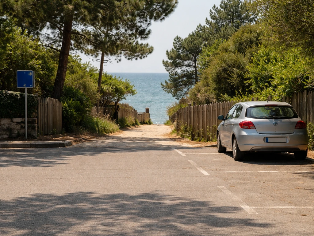Voiture garée dans un petit parking proche d’un accès piéton vers les cales de L’Herbe, ambiance bassin.
