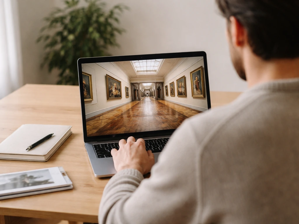 Personne anonyme sur un bureau consultant une visite virtuelle d’art sur ordinateur portable, panorama HD.