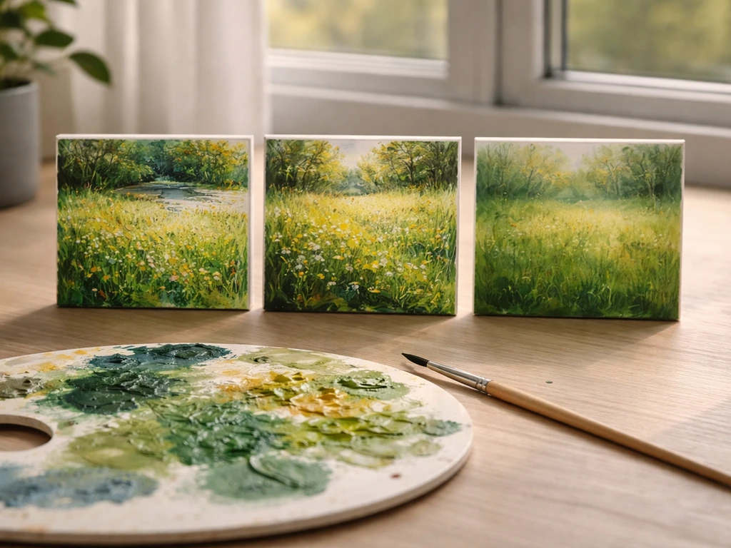 Table près d’une fenêtre : trois reproductions impressionnistes comparant différentes façons de peindre l’herbe, pinceau