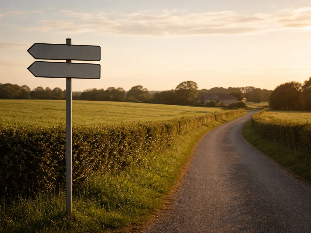 Route de campagne en France avec panneaux directionnels flous, évoquant la visite virtuelle vers Saint-Germain-la-Blanch