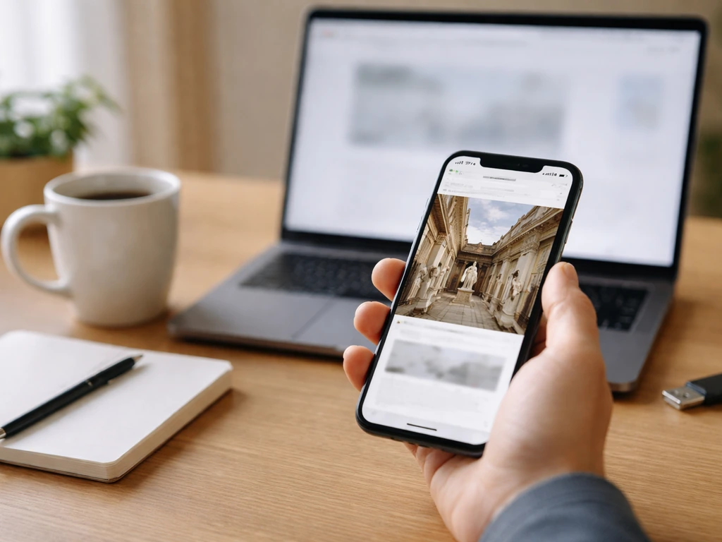 Main tenant un smartphone affichant une page web de musée, près d’un ordinateur ouvert et d’un carnet vierge