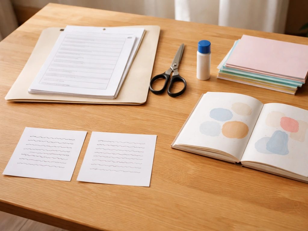 Table de travail avec documents vierges et vignettes avant/après illustrant une personnalisation de dossier.