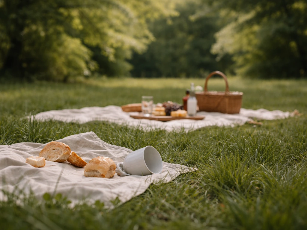 Pelouse au premier plan, déjeuner renversé au sol, arrière-plan vert flou pour montrer trois couches de profondeur.
