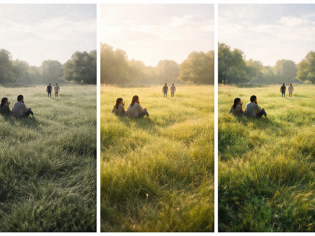 Triptyque photo réaliste : cinq rendus distincts d’une scène sur l’herbe en plein air, même composition.