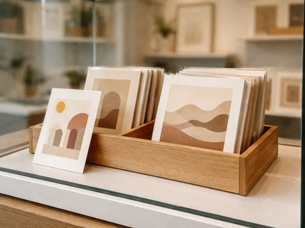 Vitrine en boutique avec présentoir de cartes postales et reproductions papier protégées, sans texte lisible.