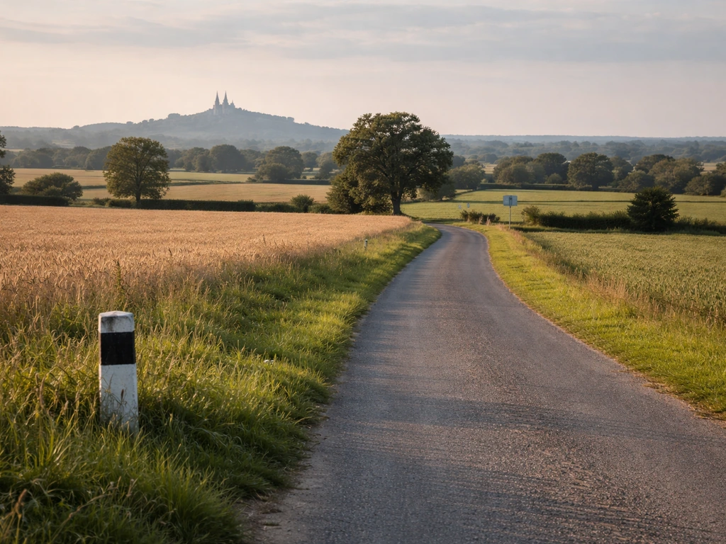 Route de campagne près de Caen, panneau discret vers une abbaye et ciel dégagé, ambiance itinéraire.