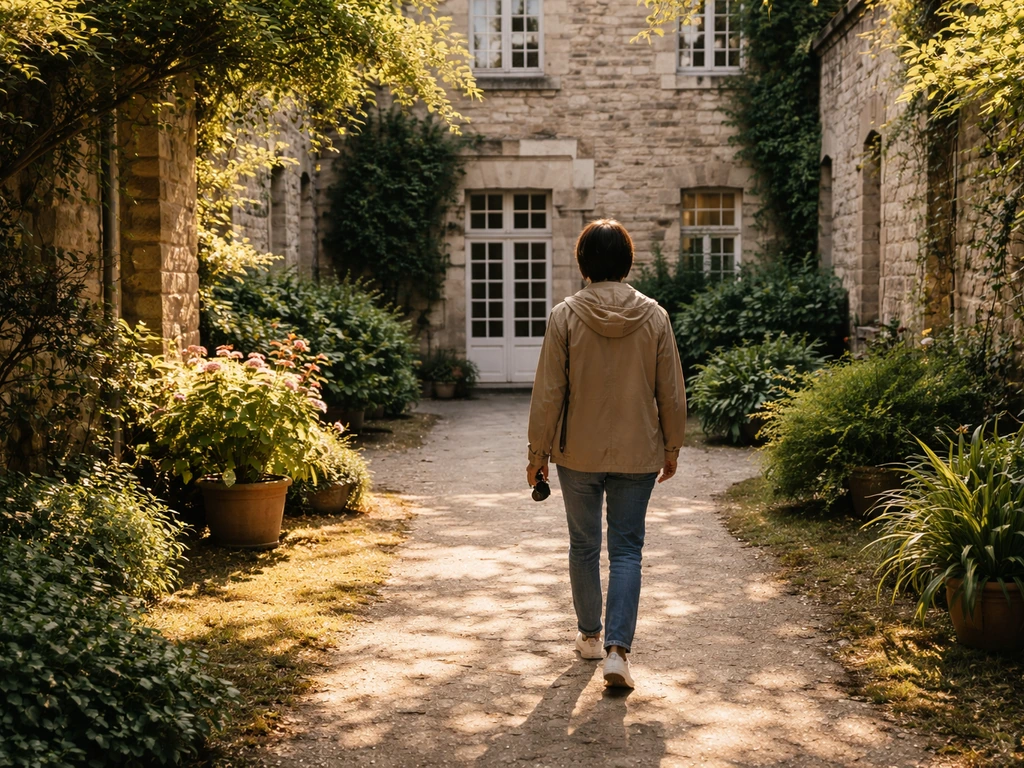 Une personne de dos explore un jardin à chemin de pierre, lumière dorée, pour visualiser un itinéraire de visite.