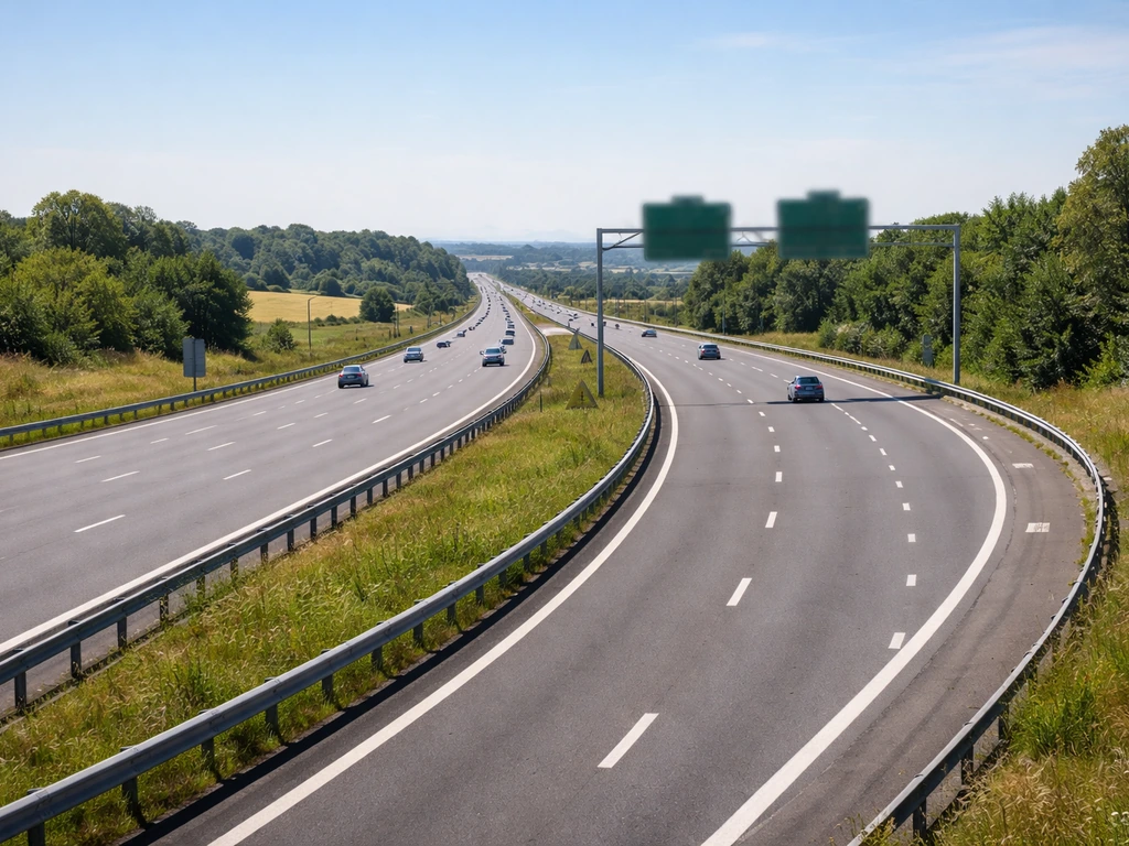 Vue réaliste d’un échangeur routier en périphérie de Caen, route menant vers Saint-Germain-la-Blanche-Herbe.