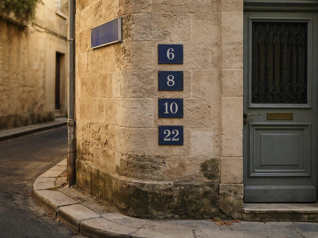 Façade d’immeuble avec plusieurs numéros (6, 8, 10, 22) et panneau de rue flou, ambiance de terrain.