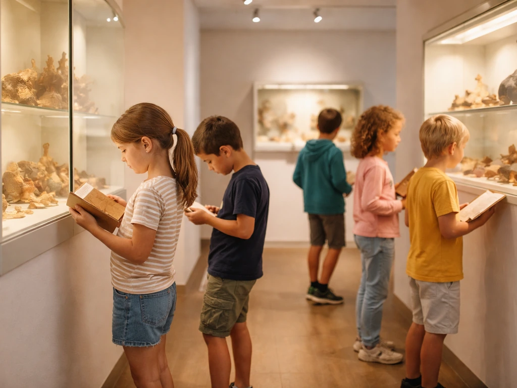 Groupe d’enfants visitant une exposition en autonomie, tenant un livret-jeu, ambiance calme et réaliste.