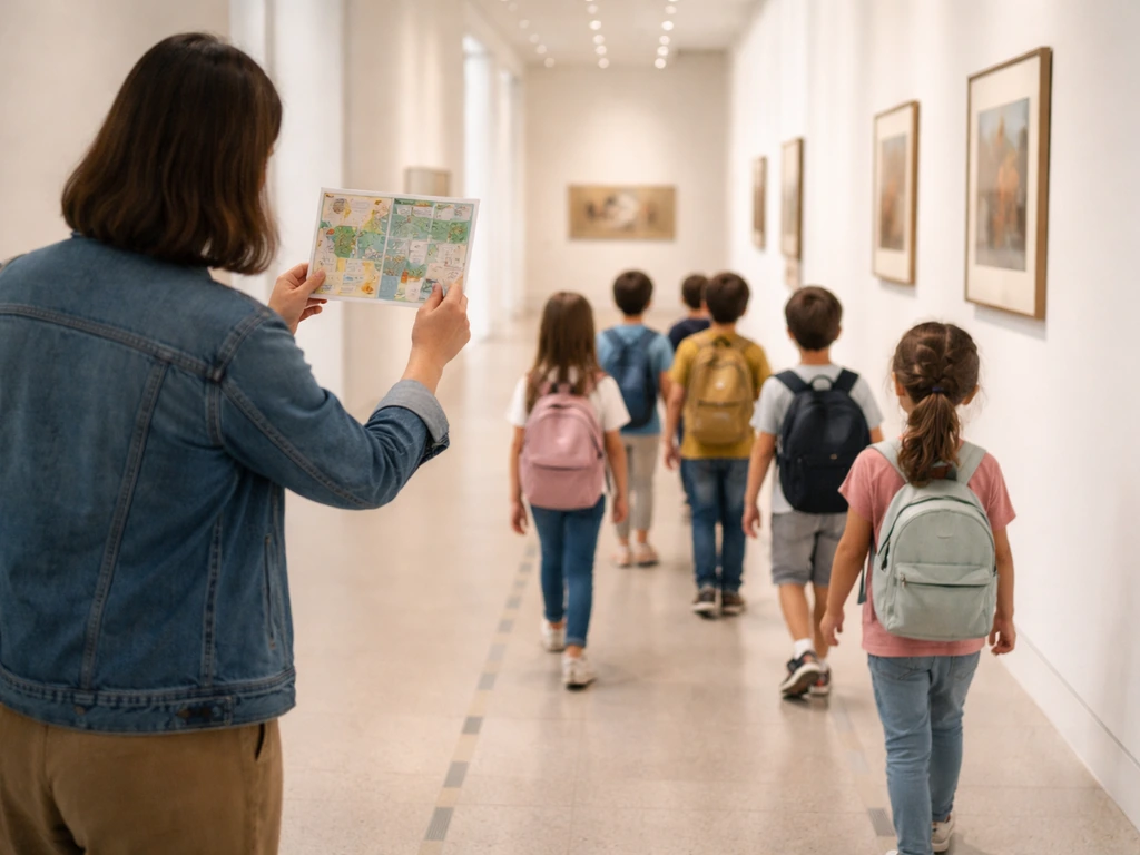 Des enfants suivent des repères dans un musée tandis qu’un adulte leur montre un livret-jeu.
