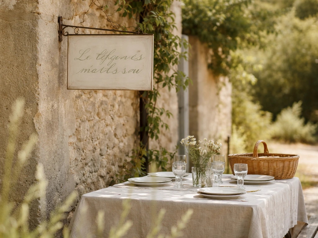 Enseigne provençale près d’une table de pique-nique, suggérant la confusion entre l’expression et un traiteur.