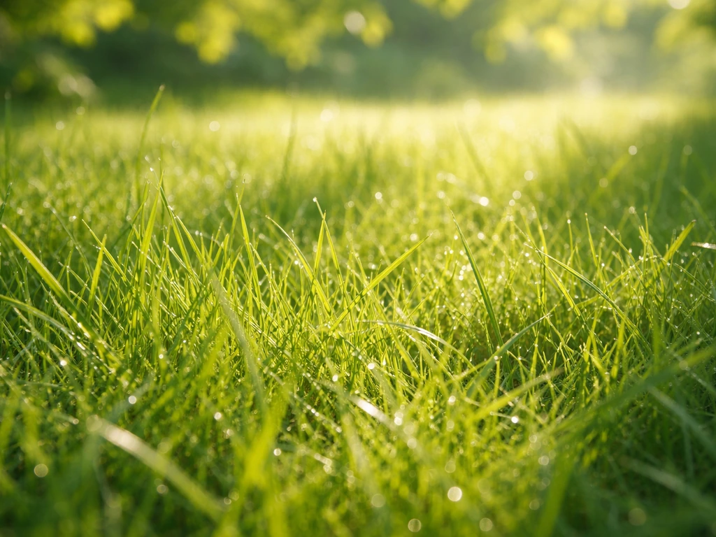 Gros plan d’herbe lumineuse, avec ombres douces de feuillages projetées au sol.