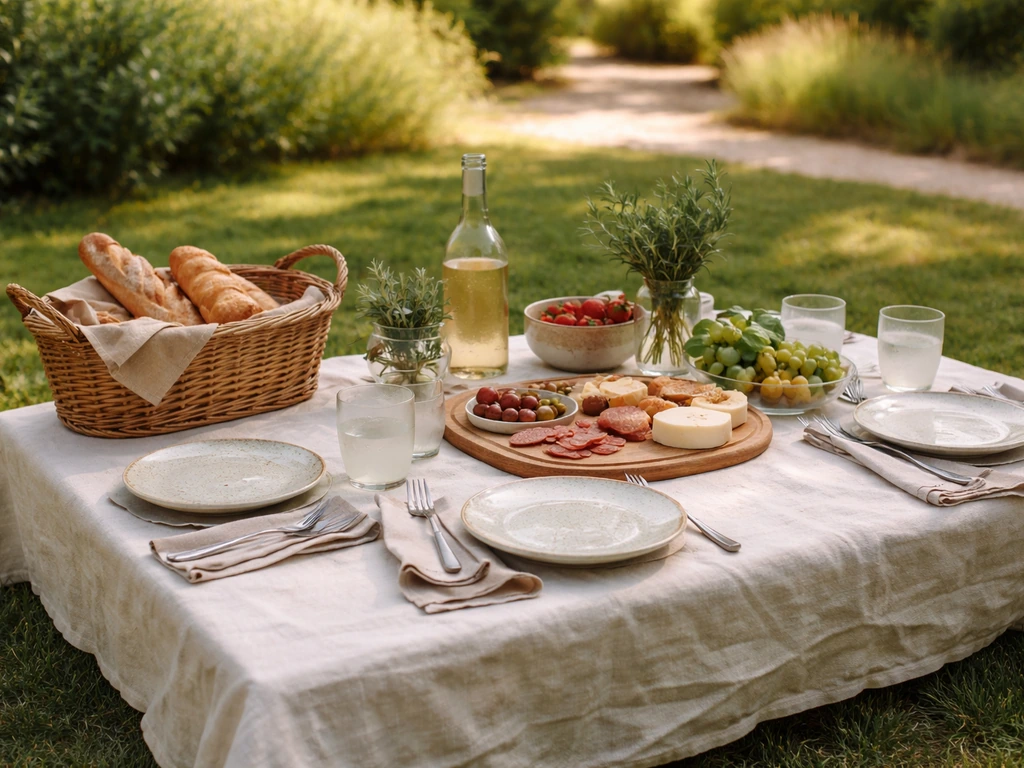 Déjeuner sur l’herbe : nappe et assiettes sur une pelouse, panier en osier et verdure en arrière-plan.